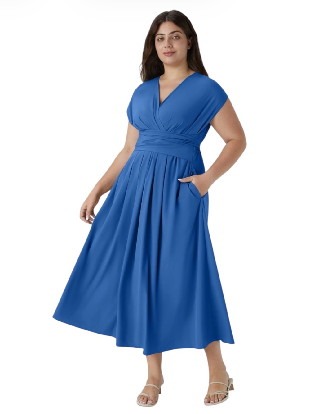 Halara Breezeful Blue V-Neck Quick Dry Pocket Tie Back Midi Dress Size L NWT
